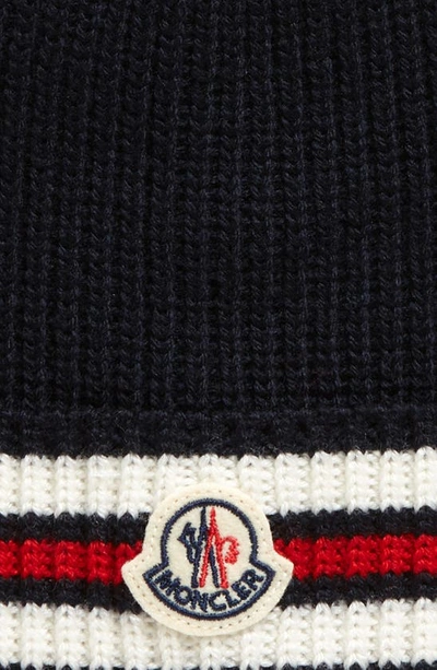 Shop Moncler Stripe Cuff Virgin Wool Beanie In Navy