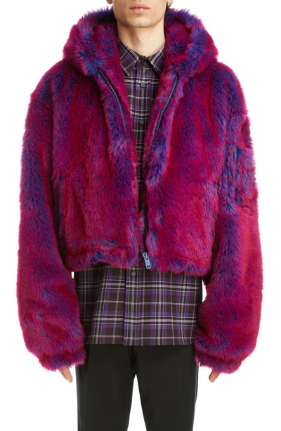 Shop Givenchy Hooded Crop Faux Fur Jacket In Pink/ Blue