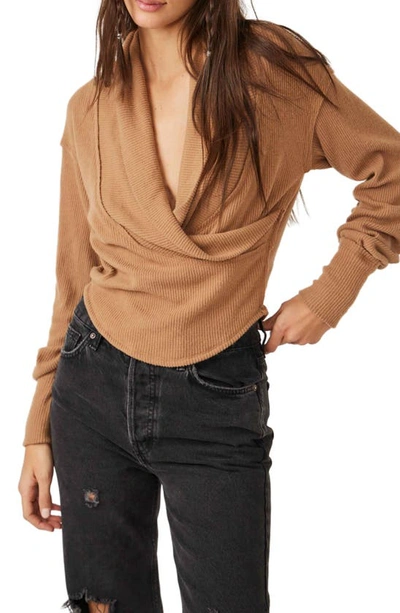 Shop Free People Hold Me Close Rib Wrap Front Top In Tobacco Brown