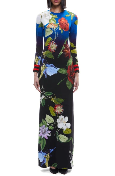 Shop Alice And Olivia Delora Floral Long Sleeve Open Back Maxi Dress In Lunch Date