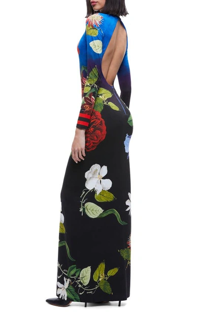 Shop Alice And Olivia Delora Floral Long Sleeve Open Back Maxi Dress In Lunch Date