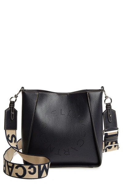 Shop Stella Mccartney Perforated Logo Mini Faux Leather Crossbody Bag In Mood Indigo