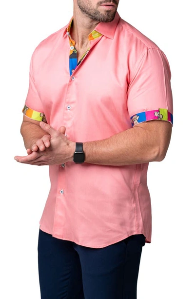 Maceoo Galileo Pazole Pink Short Sleeve Cotton Button-up Shirt In Pink
