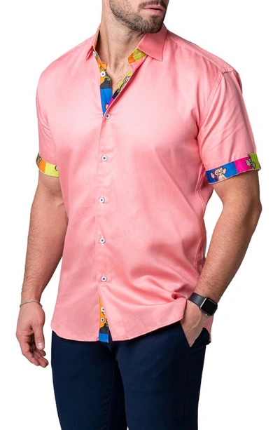 Maceoo Galileo Pazole Pink Short Sleeve Cotton Button-up Shirt In Pink
