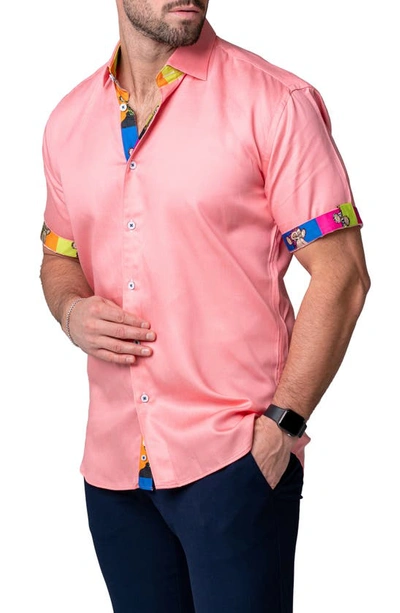 Maceoo Galileo Pazole Pink Short Sleeve Cotton Button-up Shirt In Pink