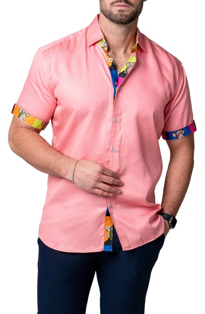 Maceoo Galileo Pazole Pink Short Sleeve Cotton Button-up Shirt In Pink