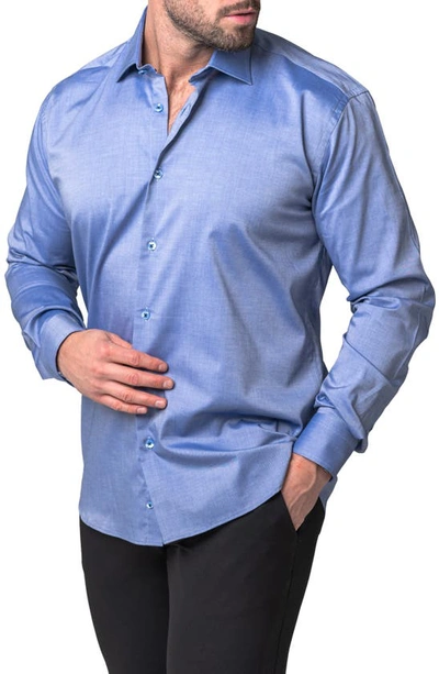 Shop Maceoo Classic Fit Shiny Finish Button-up Shirt In Blue