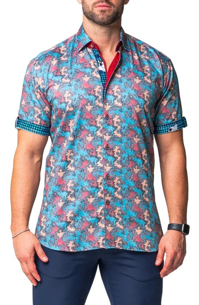 Shop Maceoo Galileo Journ Short Sleeve Cotton Button-up Shirt In Blue Multi