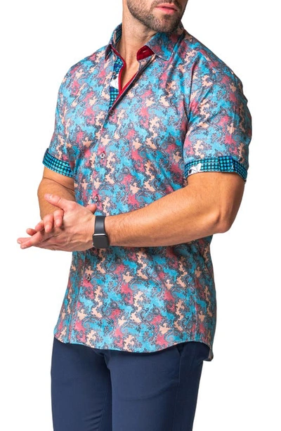 Shop Maceoo Galileo Journ Short Sleeve Cotton Button-up Shirt In Blue Multi
