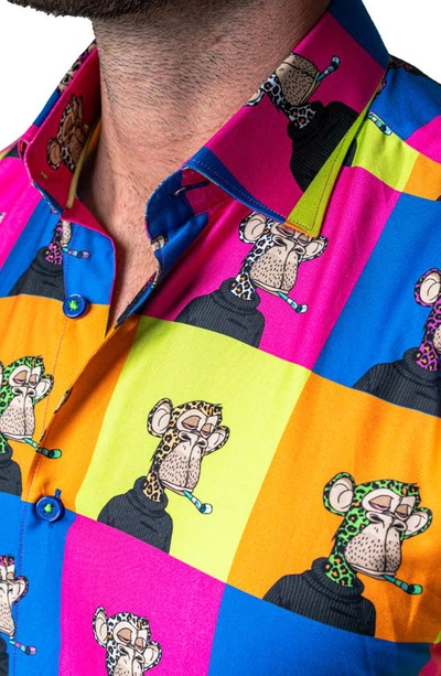 Maceoo Galileo Ape Print Short Sleeve Cotton Button-up Shirt In Yellow Multi