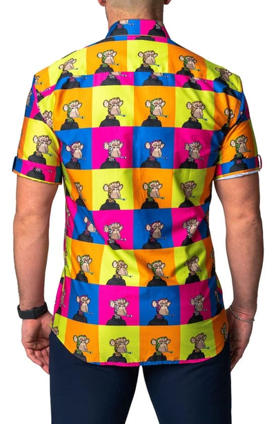 Maceoo Galileo Ape Print Short Sleeve Cotton Button-up Shirt In Yellow Multi