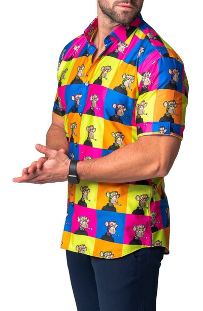 Maceoo Galileo Ape Print Short Sleeve Cotton Button-up Shirt In Yellow Multi