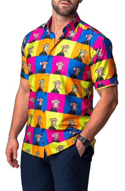 Maceoo Galileo Ape Print Short Sleeve Cotton Button-up Shirt In Yellow Multi