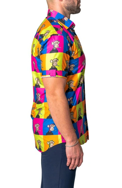 Maceoo Galileo Ape Print Short Sleeve Cotton Button-up Shirt In Yellow Multi