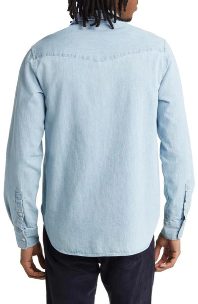 Shop Officine Generale Dustin Washed Cotton Denim Button-up Shirt In Mid Blue