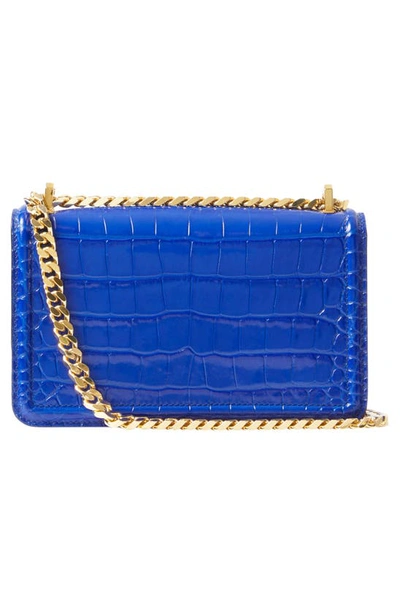 Shop Burberry Mini Tb Croc Embossed Patent Leather Shoulder Bag In Knight