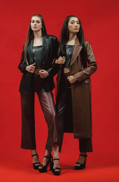 Avec Les Filles Water Resistant Faux Leather Trench Coat In Sienna