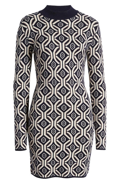 Shop Zoe And Claire Long Sleeve Jacquard Mini Sweater Dress In Navy Multi