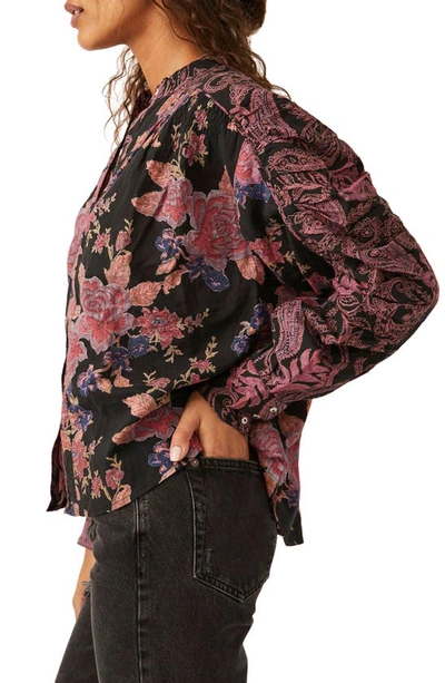 Shop Free People Maraya Floral Print Cotton Button-up Blouse In Black Combo