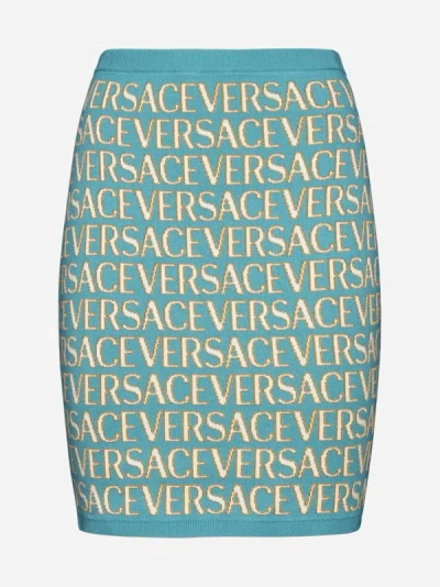 Shop Versace Logo Knit Miniskirt In Turquoise