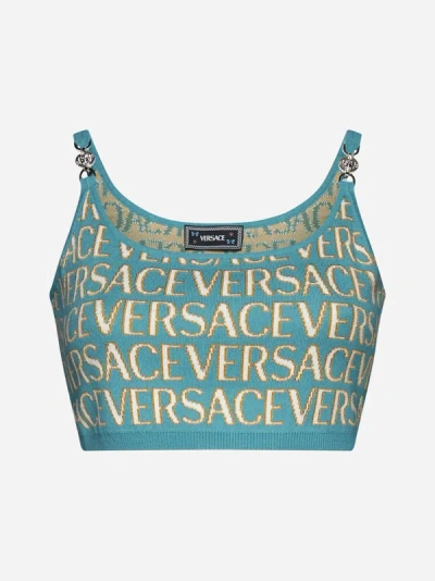 Shop Versace Logo Knit Cropped Top In Turquoise
