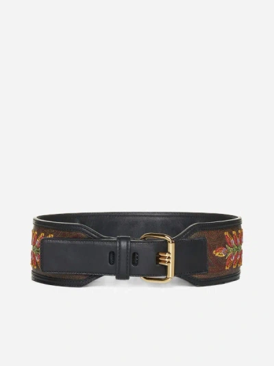 Shop Etro Leather And Paisley Fabric High Belt In Black