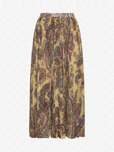 Shop Etro Paisley Print Pleated Midi Skirt In Beige