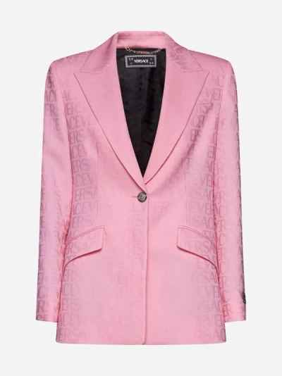 Shop Versace Logo Wool Single-breasted Blazer In Pastel Pink
