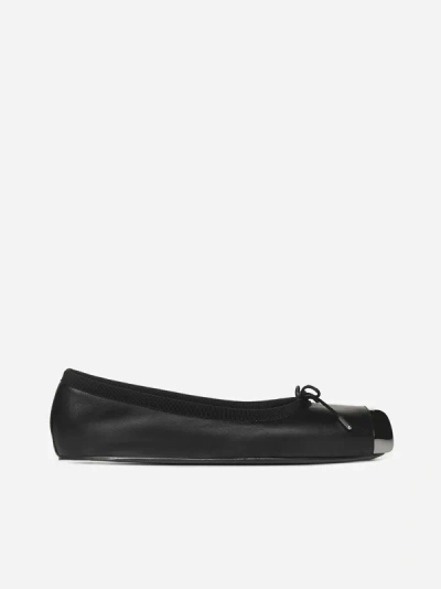 Alexander Mcqueen Black Leather And Silver Metal Flats In Black,silver