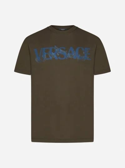 Shop Versace Logo Cotton T-shirt In Winter Green