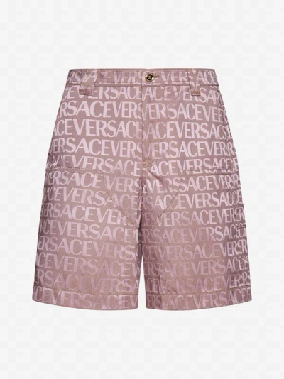 Shop Versace Logo Cotton-blend Shorts In Pale Pink,beige