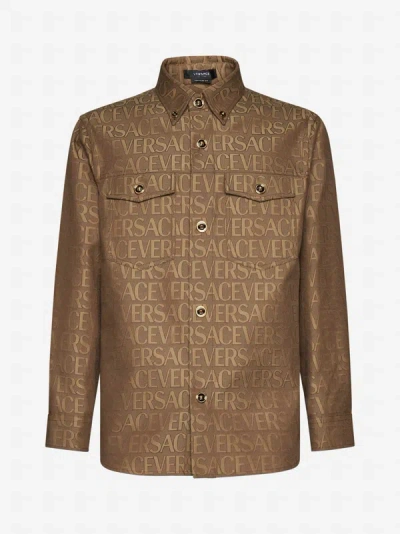 Shop Versace Logo Cotton-blend Shirt In Brown,beige