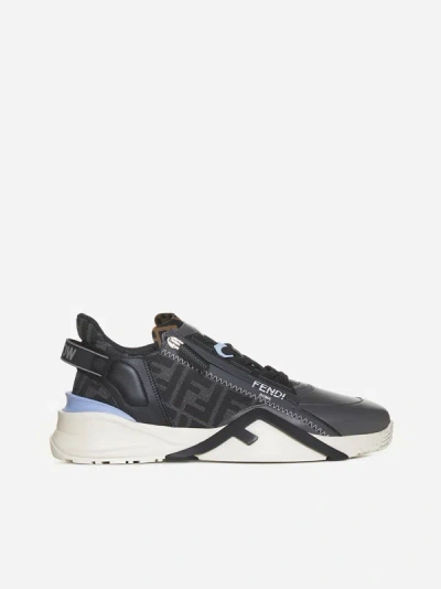 Shop Fendi Flow Leather And Ff Fabric Sneakers In Grey,black