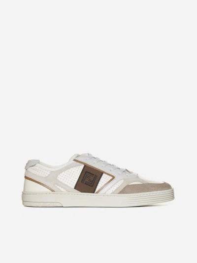 Shop Fendi Step Leather Sneakers In White - Brown