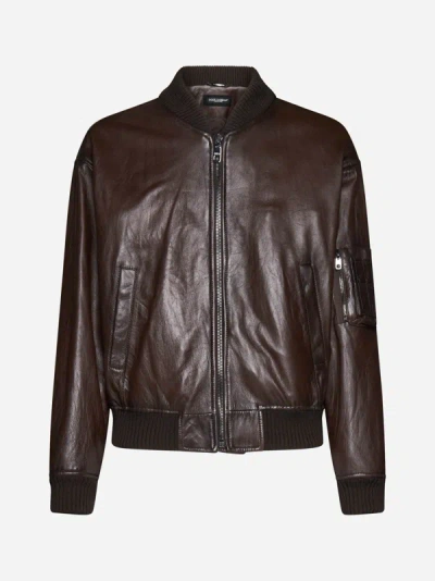 Shop Dolce & Gabbana Leather Bomber Jacket In Dark Brown