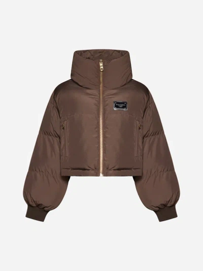 Shop Dolce & Gabbana Quilted Nylon Cropped Down Jacket In Brown