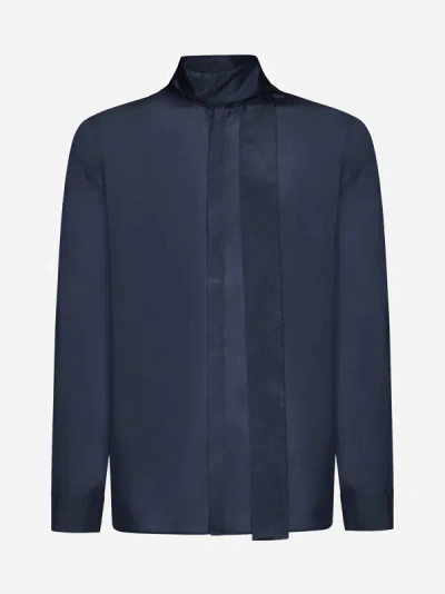 Shop Valentino Scarf-detail Silk Shirt In Navy