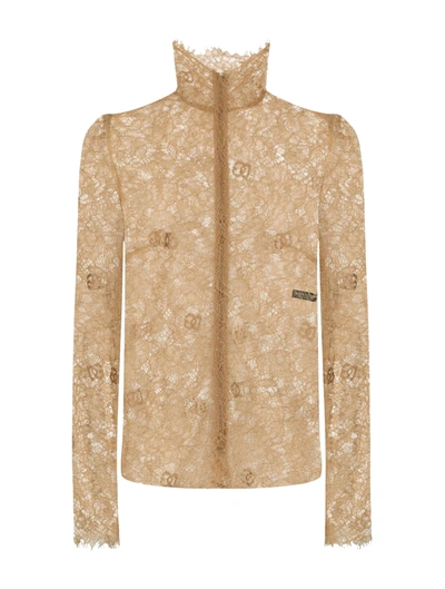 Shop Dolce & Gabbana Sheer-lace High-neck Blouse In Nude & Neutrals