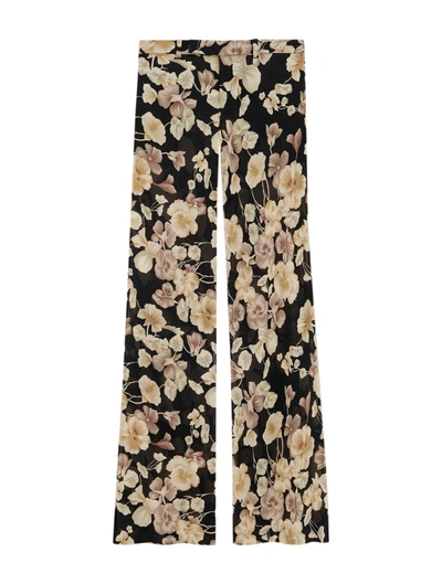Shop Saint Laurent Flower Silk Georgette Flared Trousers In Black