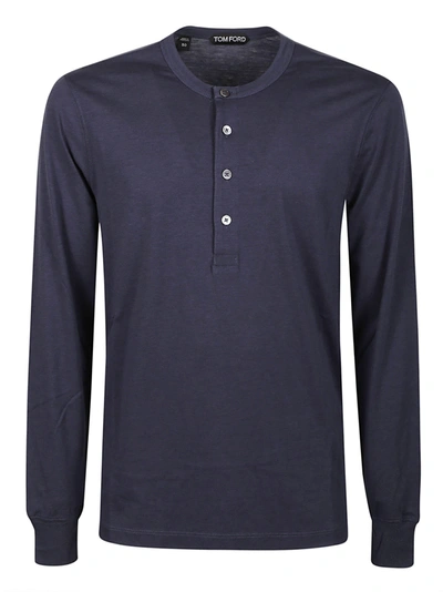 Shop Tom Ford Henley Long Sleeve Buttoned T-shirt In Navy