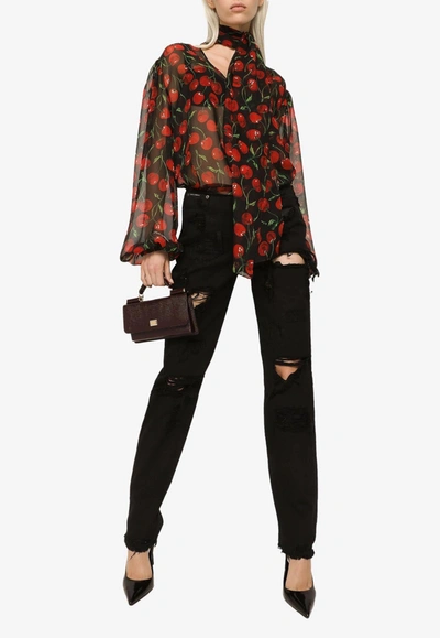 Dolce & Gabbana Cherry Chiffon Blouse With With Tie Neck In Multicolor
