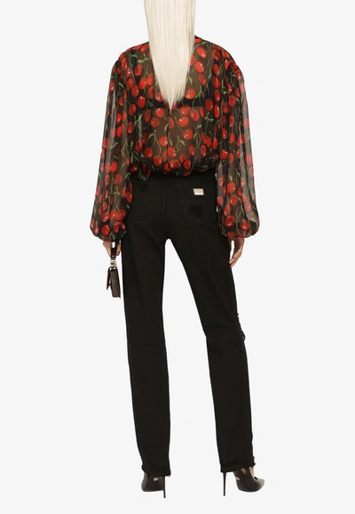 Dolce & Gabbana Cherry Chiffon Blouse With With Tie Neck In Multicolor