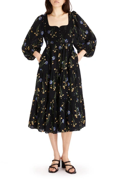 Shop Madewell Xiomara Floral Print Long Sleeve Cotton Dress In True Black