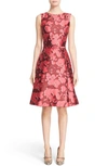 Oscar De La Renta Floral Print Silk Blend Mikado Fit & Flare Dress In Guava