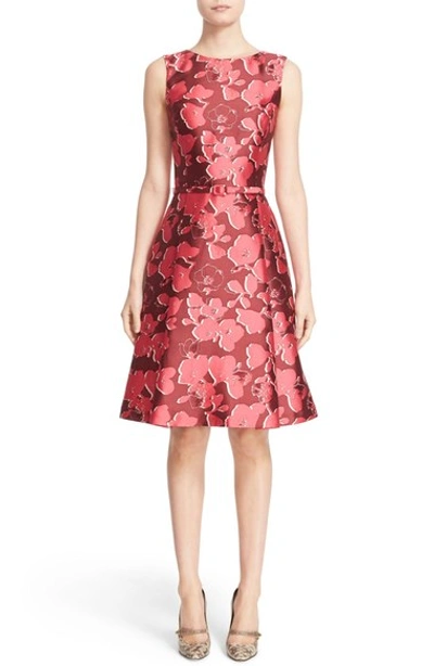 Shop Oscar De La Renta Floral Print Silk Blend Mikado Fit & Flare Dress In Guava