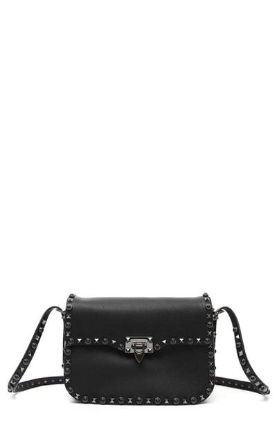 Shop Valentino 'rockstud - Noir' Calfskin Leather Shoulder Bag In Black
