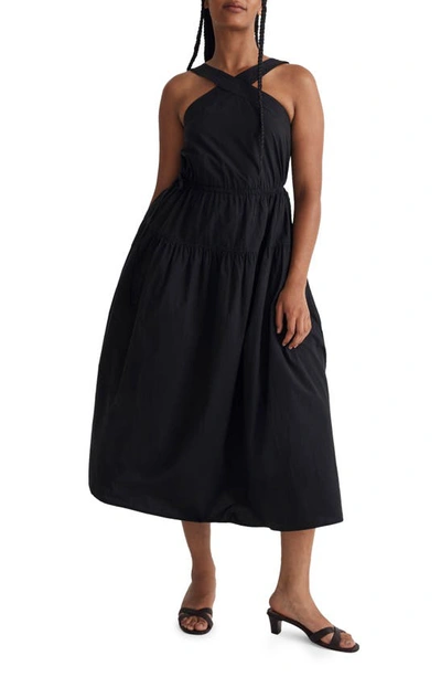 Shop Madewell Halter Tiered Poplin Midi Dress In True Black