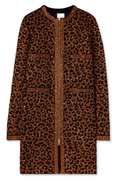 Shop St John Sequin Leopard Jacquard Long Jacket In Caramel/ Copper Multi