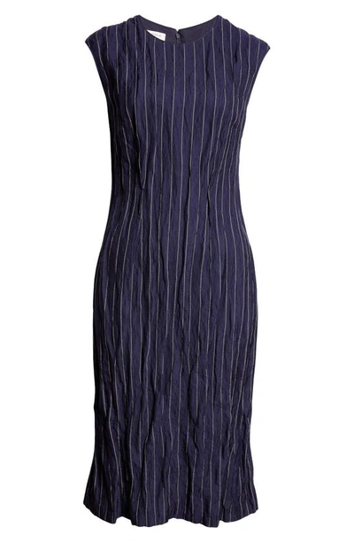 Shop Lafayette 148 Metallic Pinstripe Crinkled Sheath Dress In Midnight Blue Multi