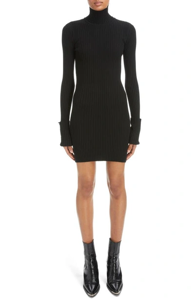 Shop Rabanne Rib Long Sleeve Turtleneck Wool Blend Sweater Dress In Black